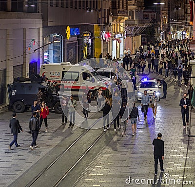 Istanbul, Turkey â€“ April 27, 2018: In the evening, strengthened security measures are applied in the city center. Ambulance, Editorial Stock Photo